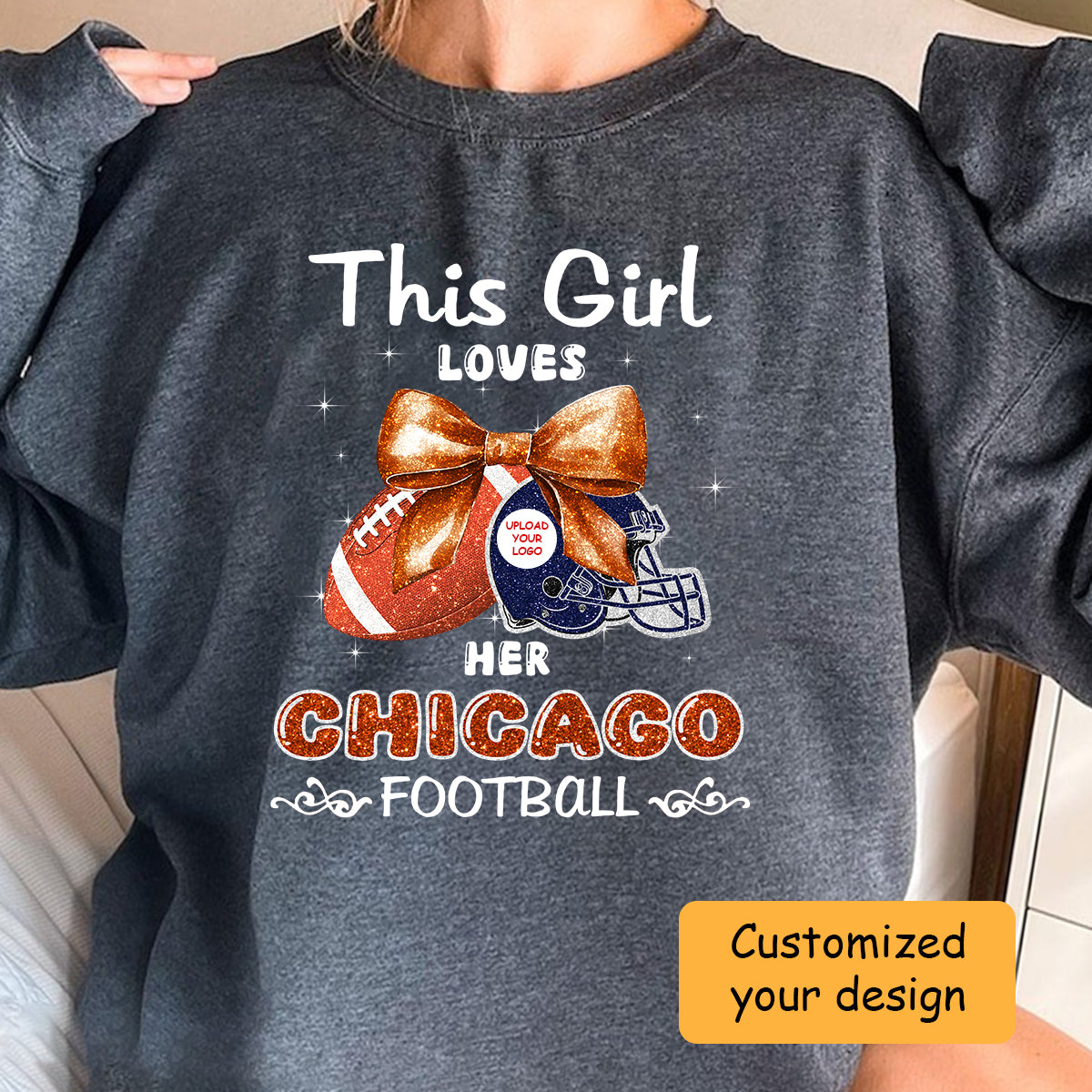 Personalized Women Love Chicago Football Coquette Bow Hoodie, American Football Girl Mom Game Day Cheer Hoodie