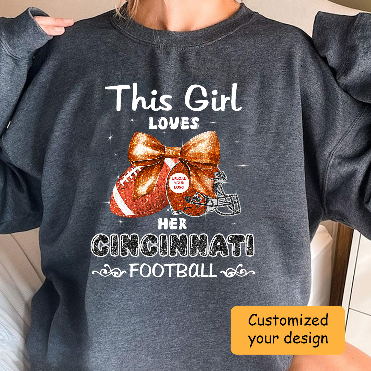Personalized Women Love Cincinnati Football Coquette Bow Hoodie, American Football Girl Mom Game Day Cheer Hoodie