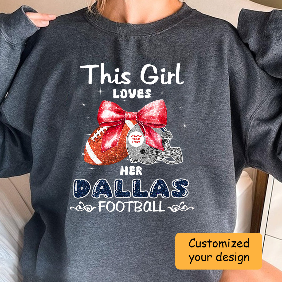 Personalized Women Love Dallas Football Coquette Bow Hoodie, American Football Girl Mom Game Day Cheer Hoodie