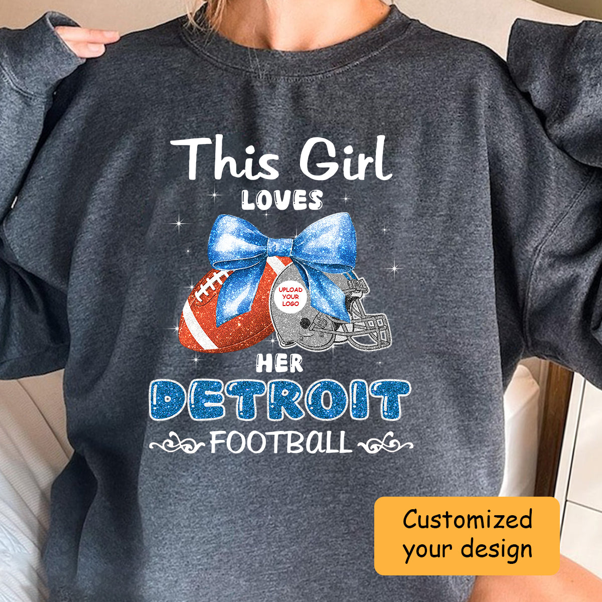 Personalized Women Love Detroit Football Coquette Bow Hoodie, American Football Girl Mom Game Day Cheer Hoodie