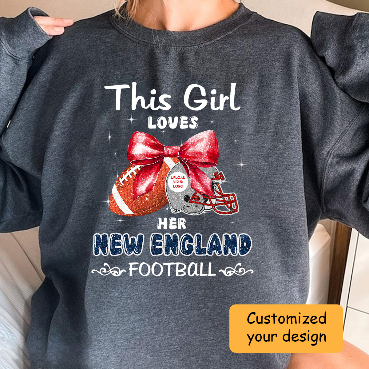 Personalized Women Love New England Football Coquette Bow Hoodie, American Football Girl Mom Game Day Cheer Hoodie