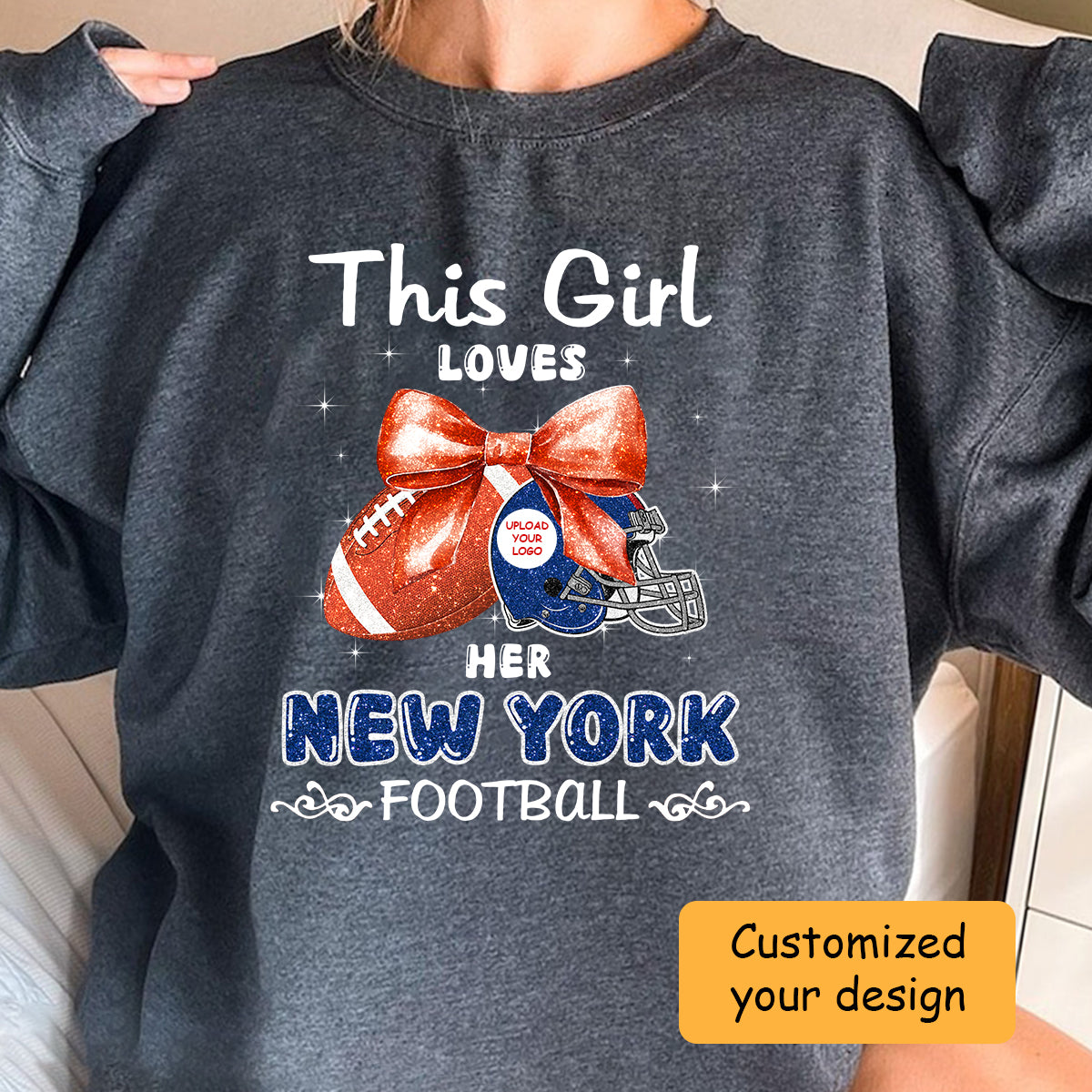 Personalized Women Love New York Football Coquette Bow Hoodie, American Football Girl Mom Game Day Cheer Hoodie