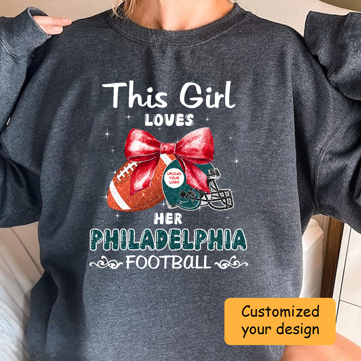Personalized Women Love Philadelphia Football Coquette Bow Hoodie, American Football Girl Mom Game Day Cheer Hoodie