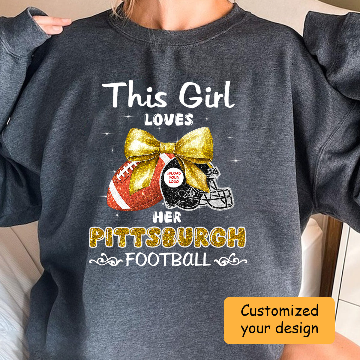 Personalized Women Love Pittsburgh Football Coquette Bow Hoodie, American Football Girl Mom Game Day Cheer Hoodie