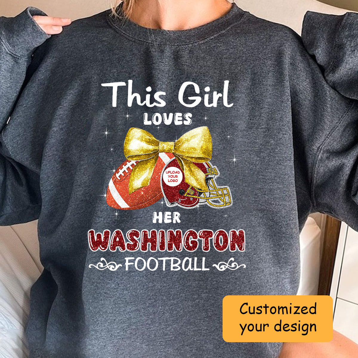 Personalized Women Love Washington Football Coquette Bow Hoodie, American Football Girl Mom Game Day Cheer Hoodie