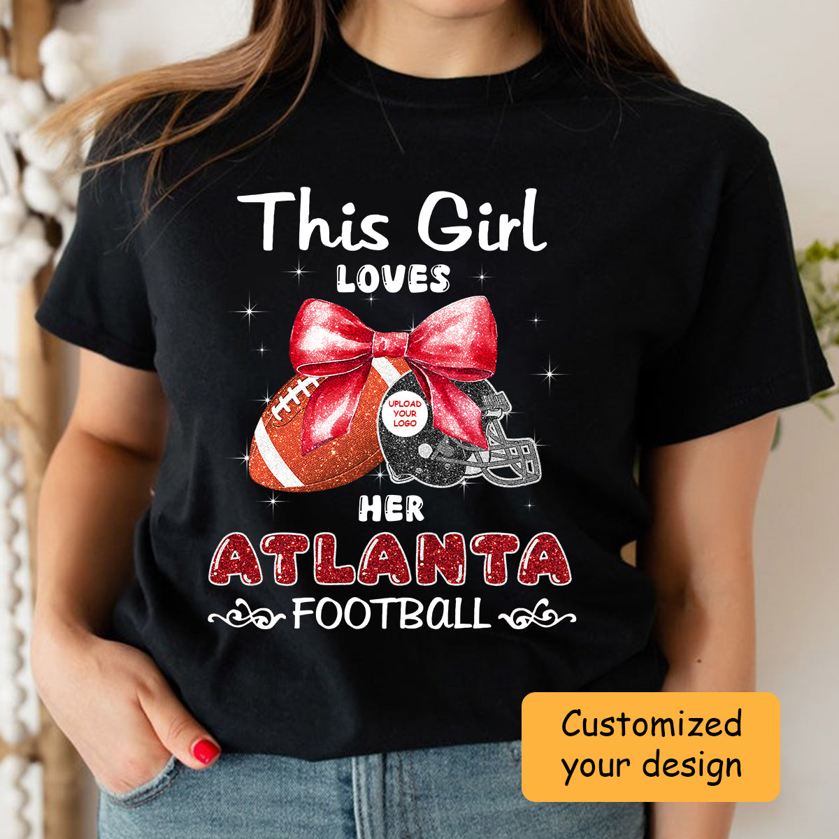 Personalized Women Love Atlanta Football Coquette Bow Sweatshirt, American Football Girl Mom Game Day Cheer Sweatshirt