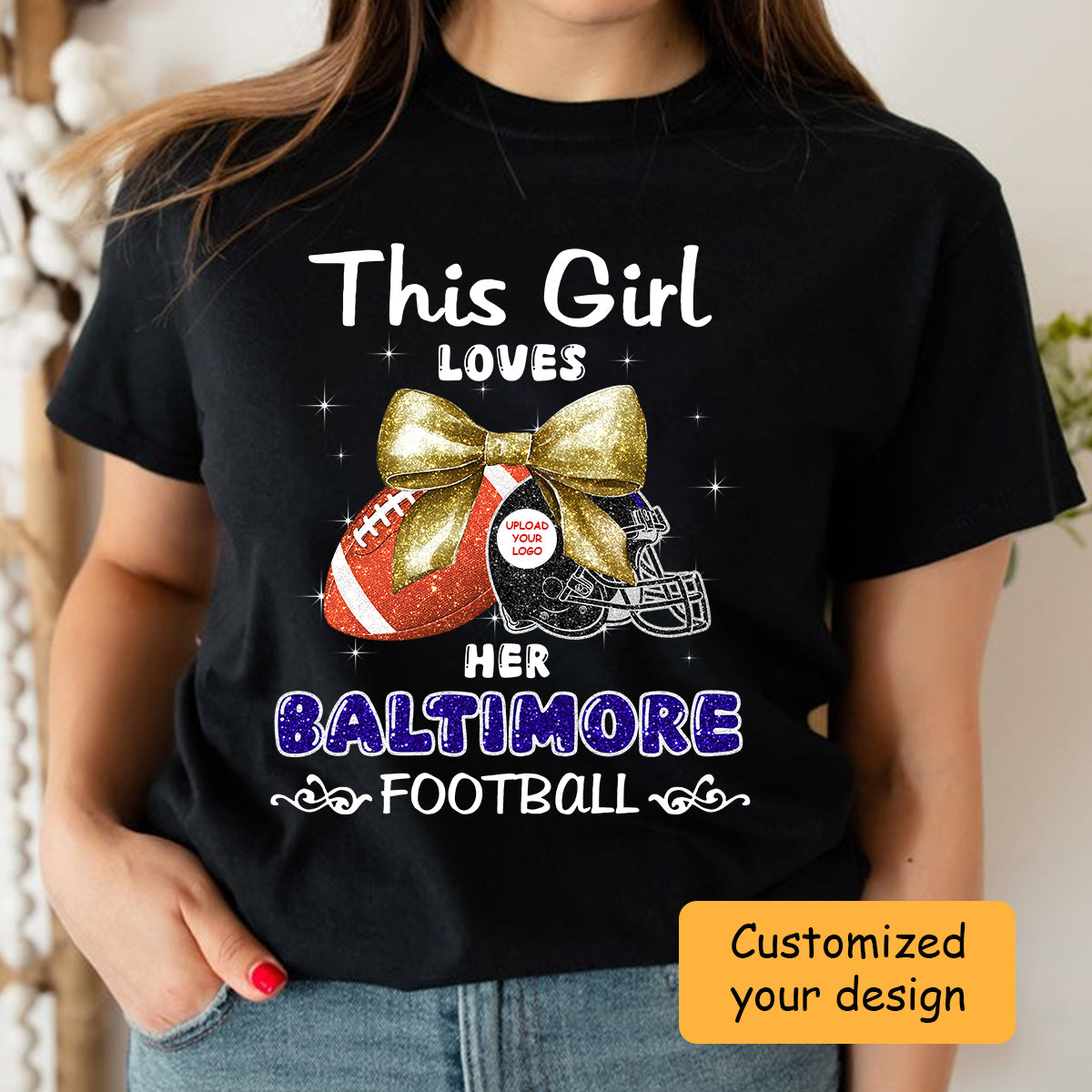 Personalized Women Love Baltimore Football Coquette Bow Sweatshirt, American Football Girl Mom Game Day Cheer Sweatshirt