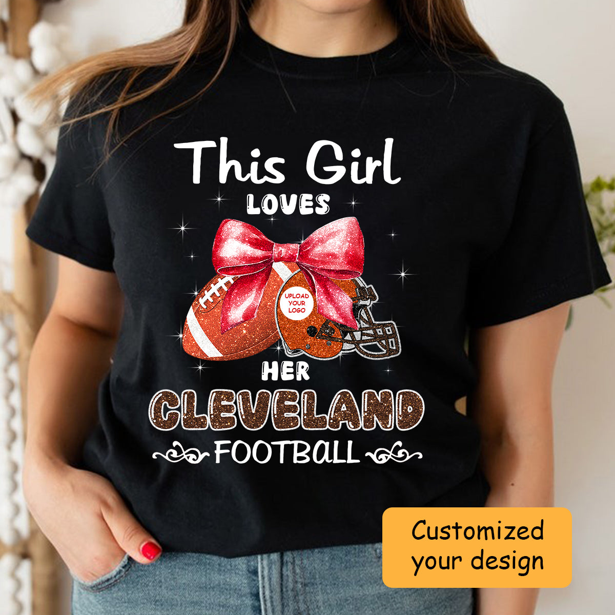 Personalized Women Love Cleveland Football Coquette Bow Sweatshirt, American Football Girl Mom Game Day Cheer Sweatshirt