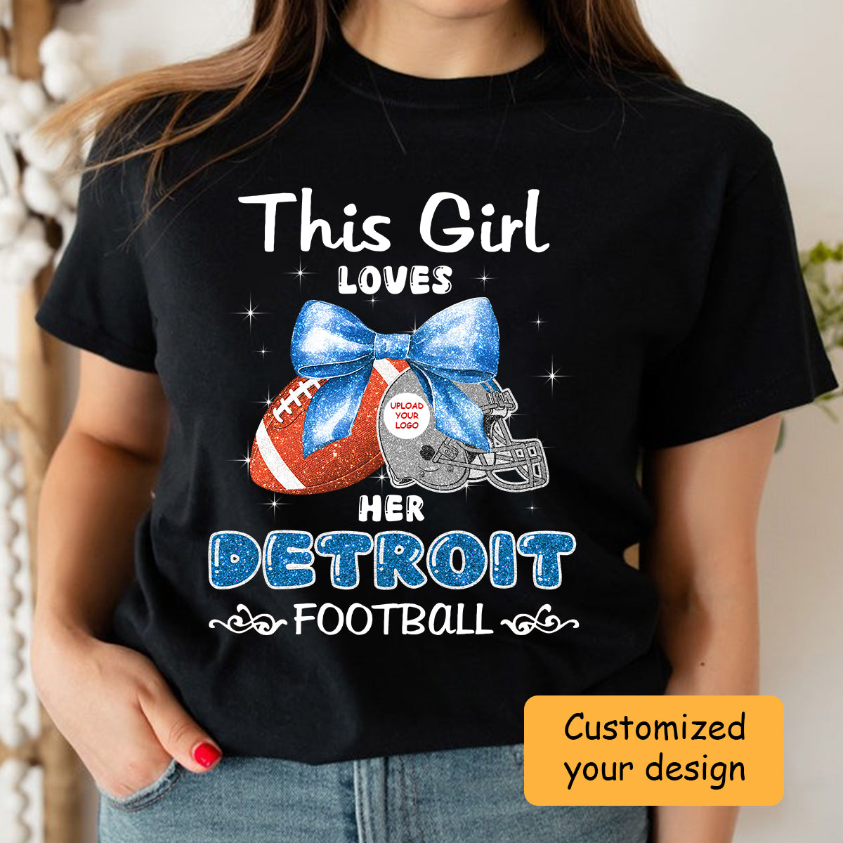 Personalized Women Love Detroit Football Coquette Bow Sweatshirt, American Football Girl Mom Game Day Cheer Sweatshirt