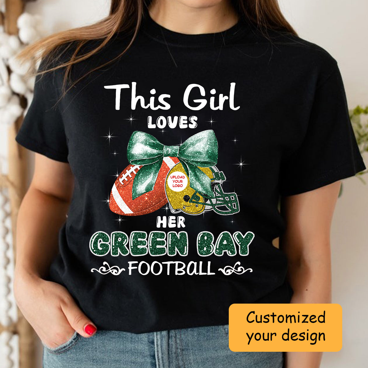Personalized Women Love Green Bay Football Coquette Bow Sweatshirt, American Football Girl Mom Game Day Cheer Sweatshirt