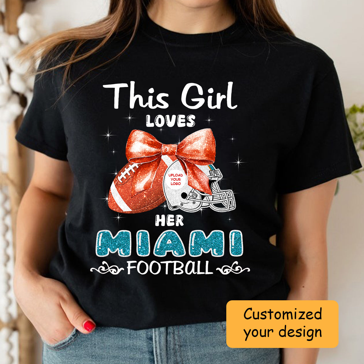 Personalized Women Love Miami Football Coquette Bow Sweatshirt, American Football Girl Mom Game Day Cheer Sweatshirt