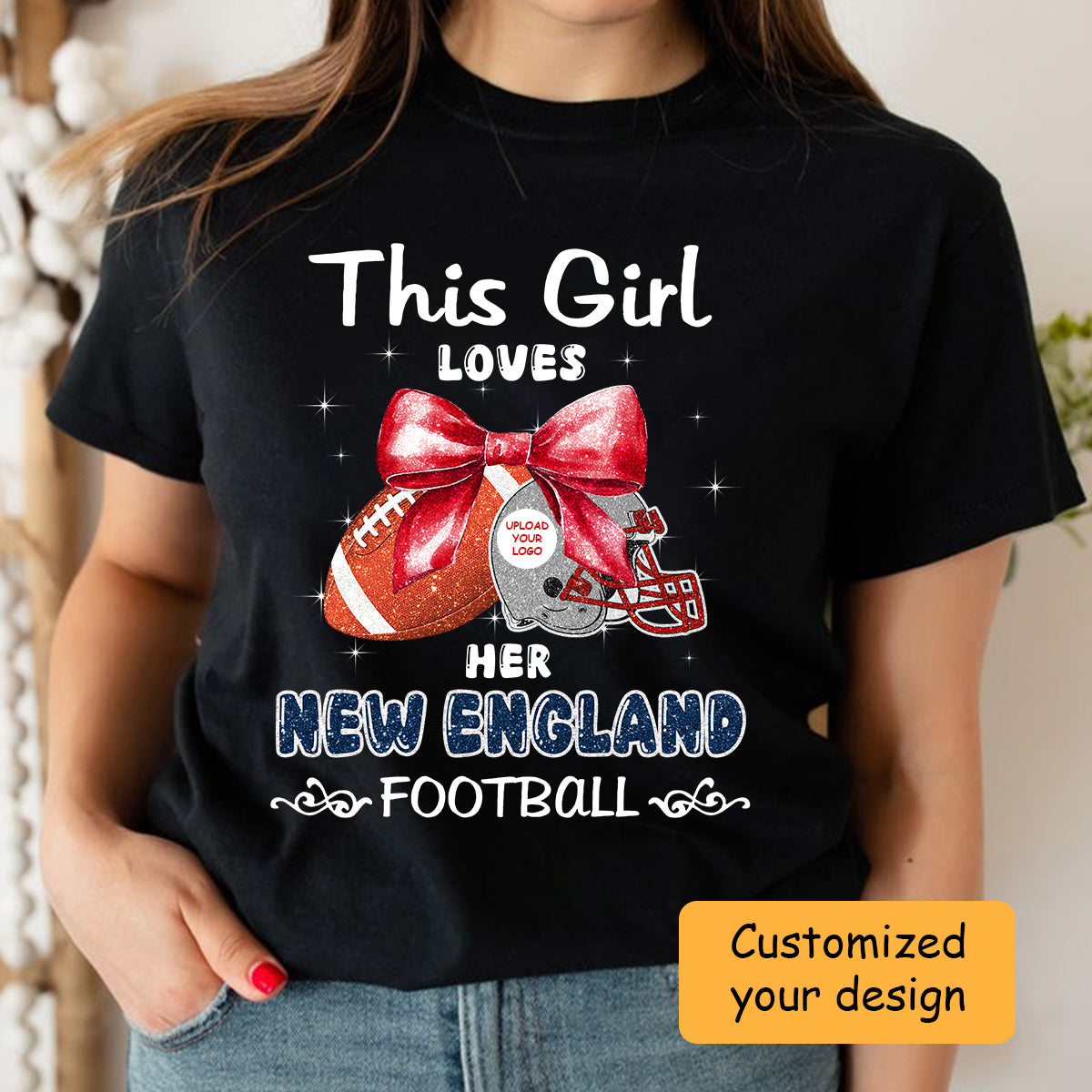 Personalized Women Love New England Football Coquette Bow Sweatshirt, American Football Girl Mom Game Day Cheer Sweatshirt