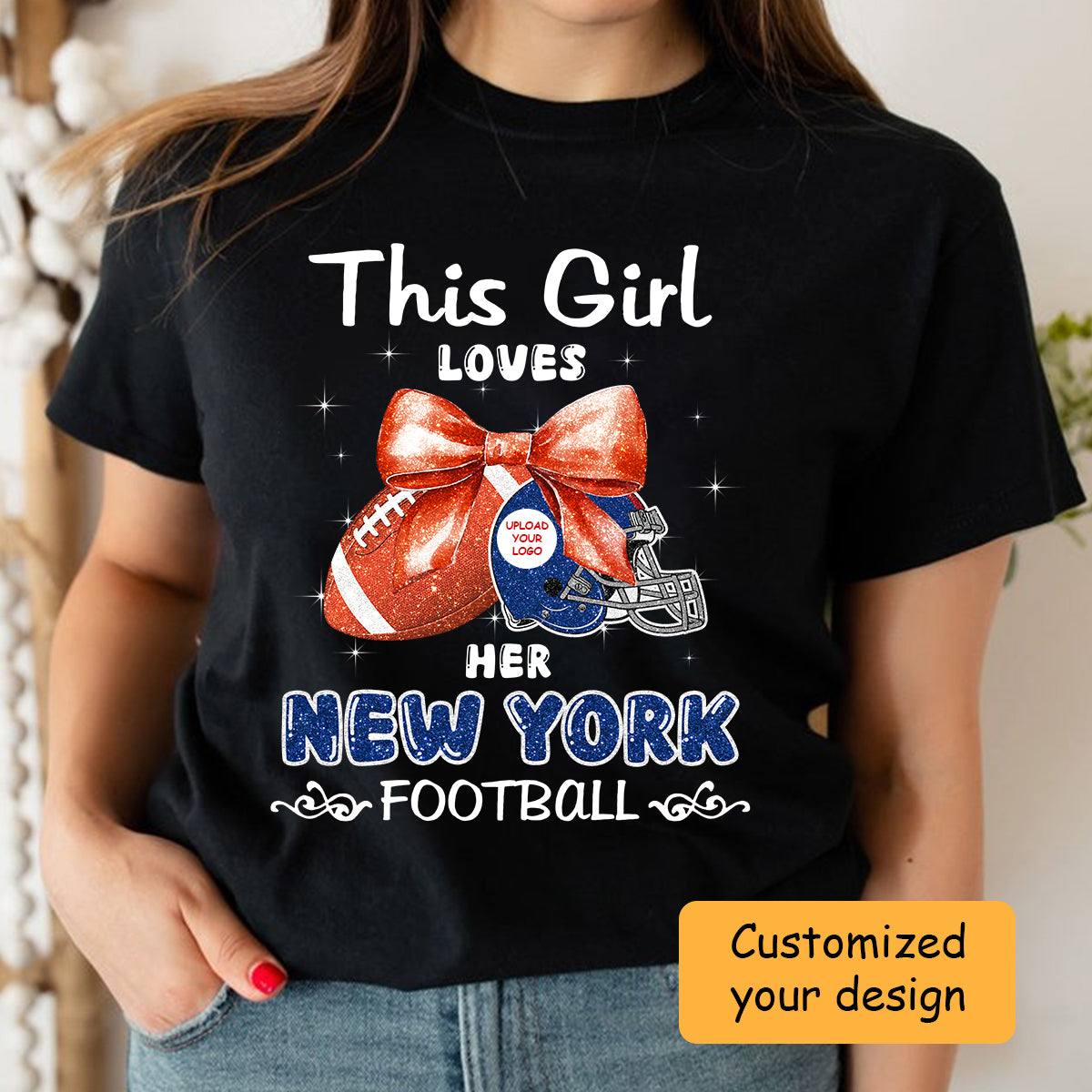 Personalized Women Love New York Football Coquette Bow Sweatshirt, American Football Girl Mom Game Day Cheer Sweatshirt