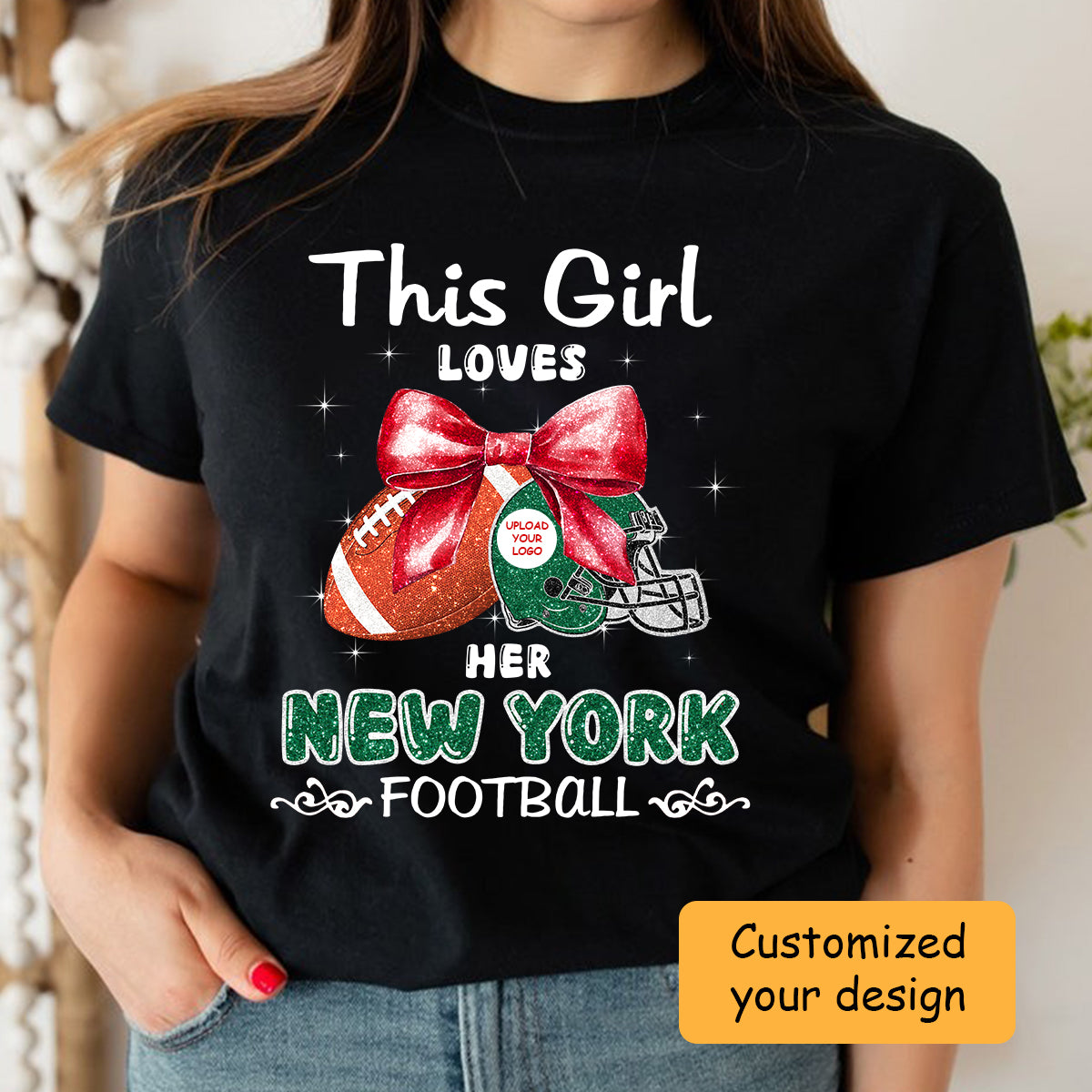 Personalized Women Love New York Football Coquette Bow Sweatshirt, American Football Girl Mom Game Day Cheer Sweatshirt - Gift For Family, Friends