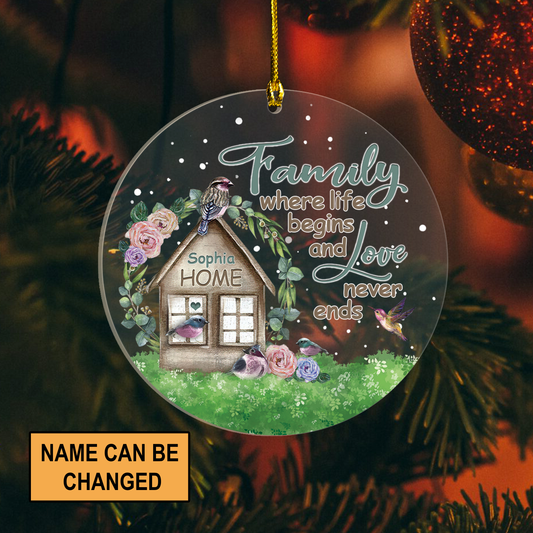 Family Personalized Circle Acrylic Ornament - Custom Christmas Gift For Family Members, Couple - Family Where Life Begins And Love Never Ends