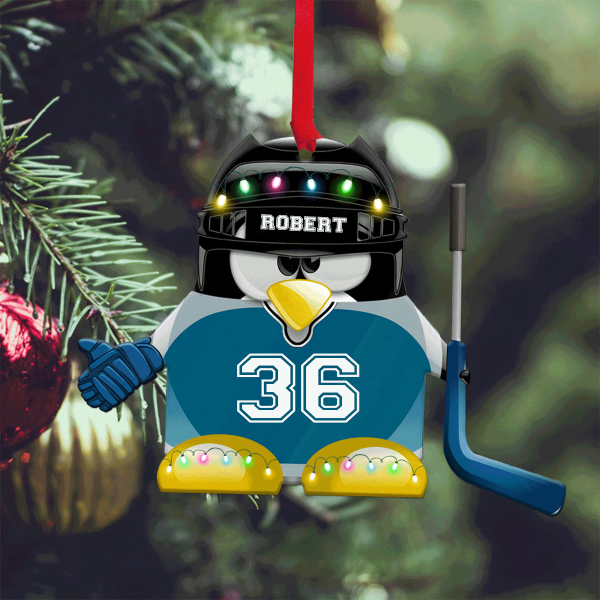 Personalized Penguin Hockey With Hockey Stick Acrylic Ornament, Custom Christmas Ornament Gifts For Hockey Player