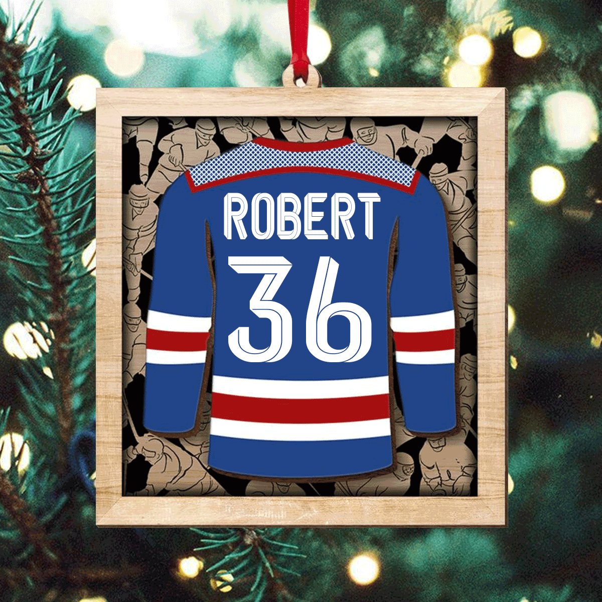 Personalized Hockey Player Jersey Double Layered Wood Ornament, Custom Christmas Ornament Gifts For Ice Hockey Players