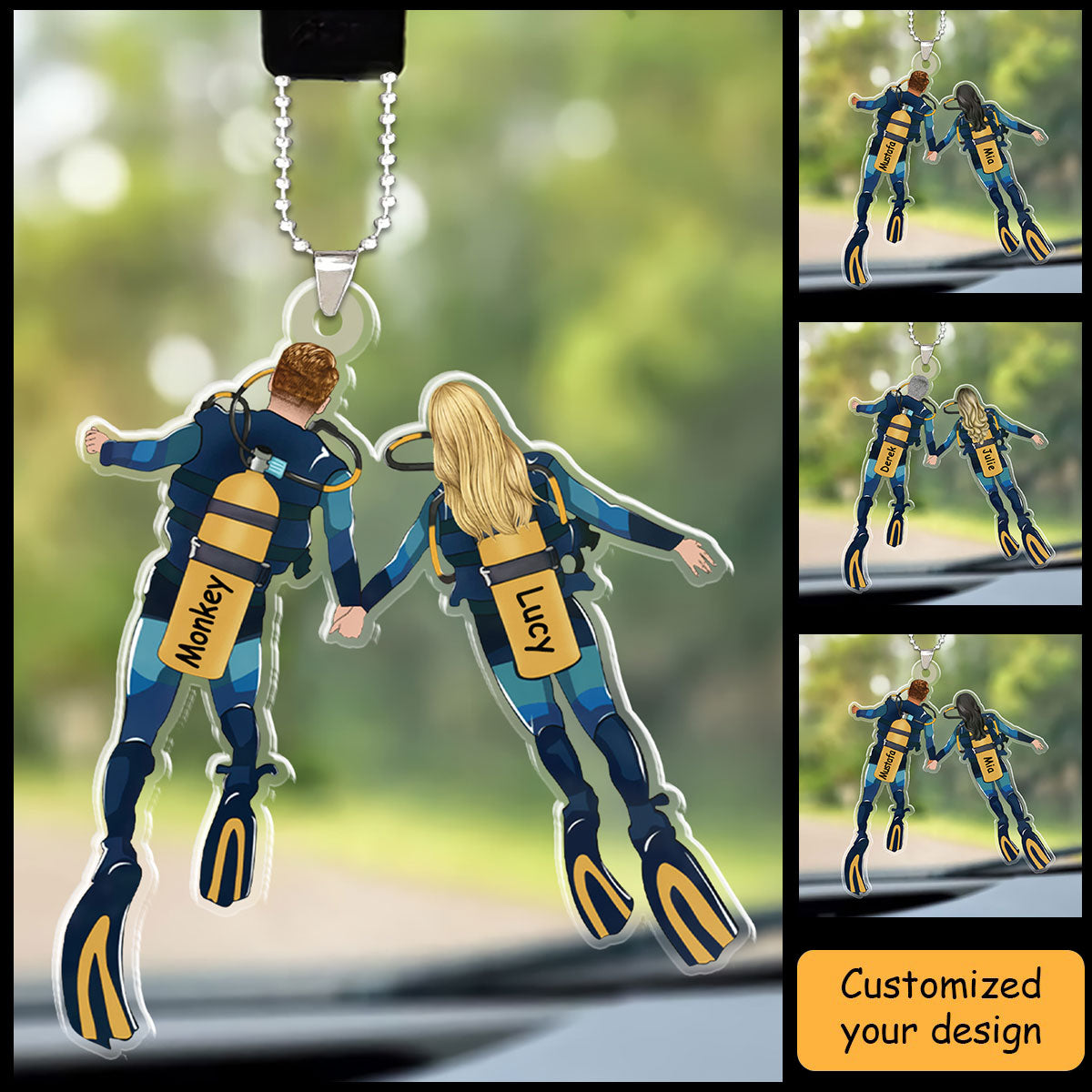 Custom Scuba Diving Partners Christmas Acrylic Car Ornament Gift For Couples, Lovers, Diving Lovers
