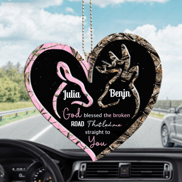 Personalized Couple Deer Heart Doe Buck God Blessed Acrylic Car Ornament, Perfect Christmas Gift For Couple