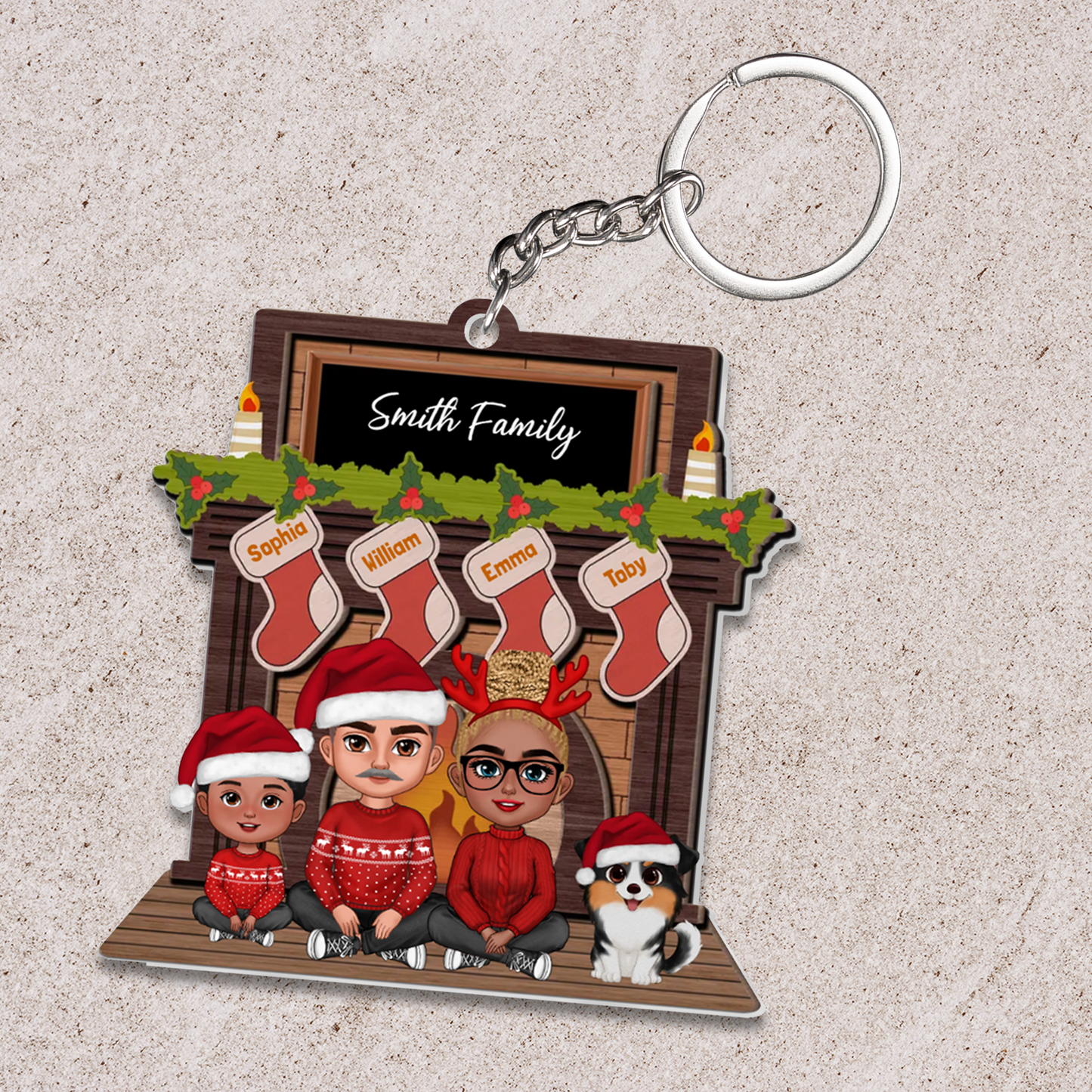 Personalized Acrylic Ornament Whole Family Sitting At Christmas Fireplace, Perfect Christmas Decor Gift For Family