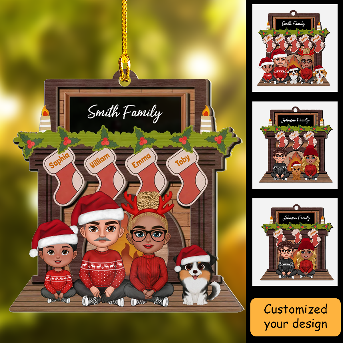 Personalized Acrylic Ornament Whole Family Sitting At Christmas Fireplace, Perfect Christmas Decor Gift For Family