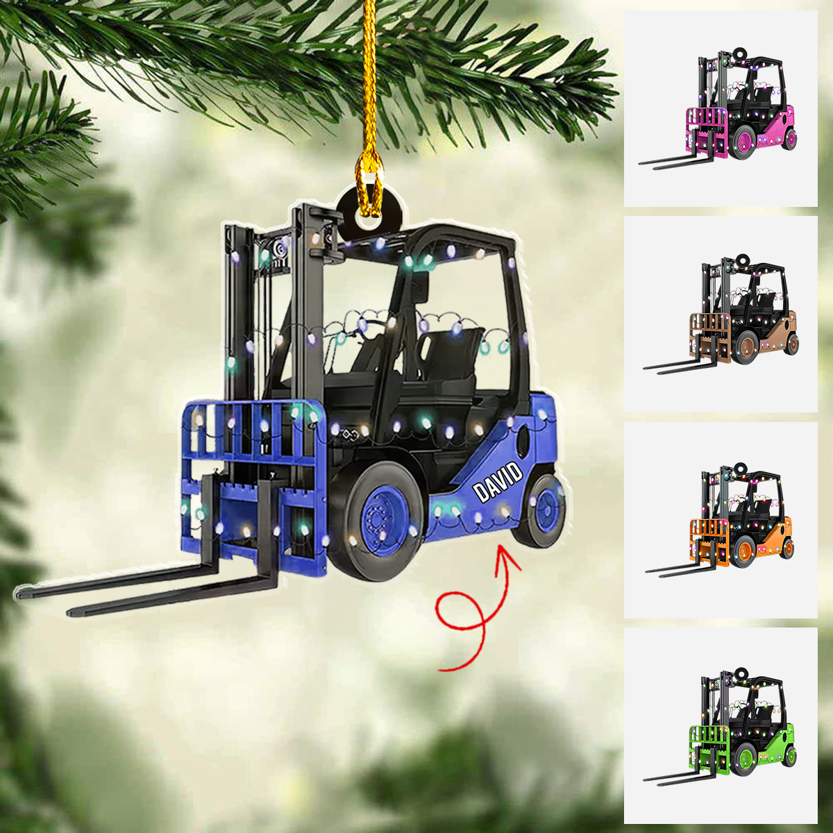 Personalized Forklift Truck Christmas Light Flat Acrylic Ornament, Christmas Ornament Gift For Grandson, Granddaughter