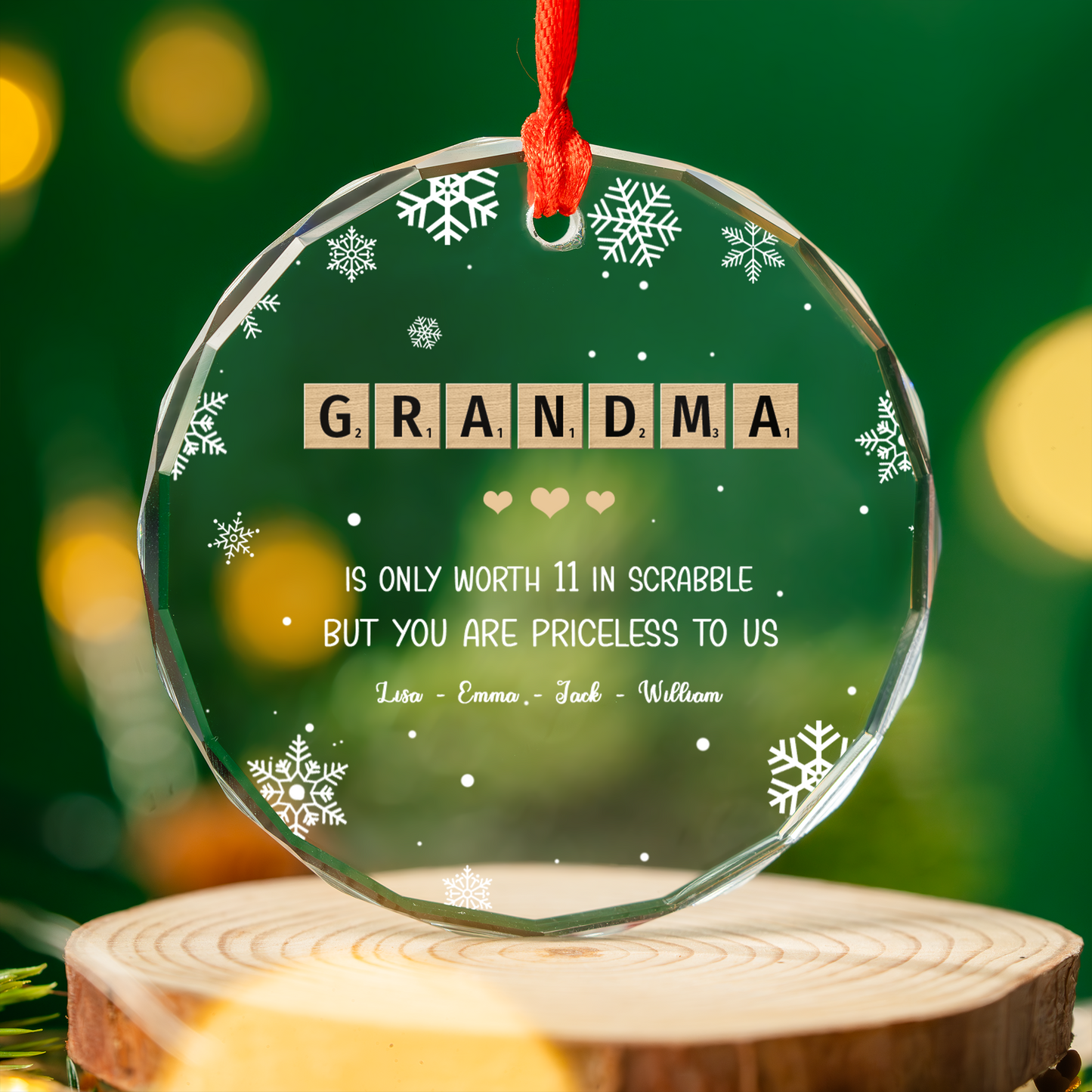 Personalized Grandma Scrabble Crossword Puzzle Tiles Circle Glass Ornament, Meaningful Christmas Ornament Gift For Grandma