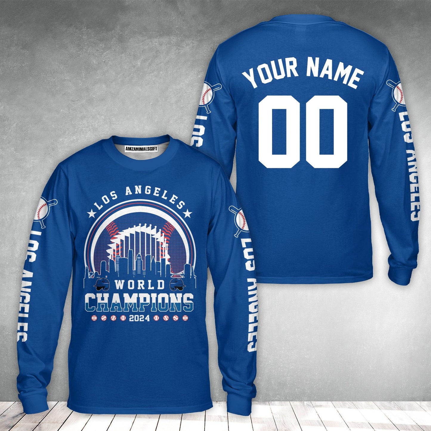 Personalized Los Angeles Baseball Skyline 2024 World Champions Long Sleeve Tee, Los Angeles 2024 World Champs Shirt Gifts