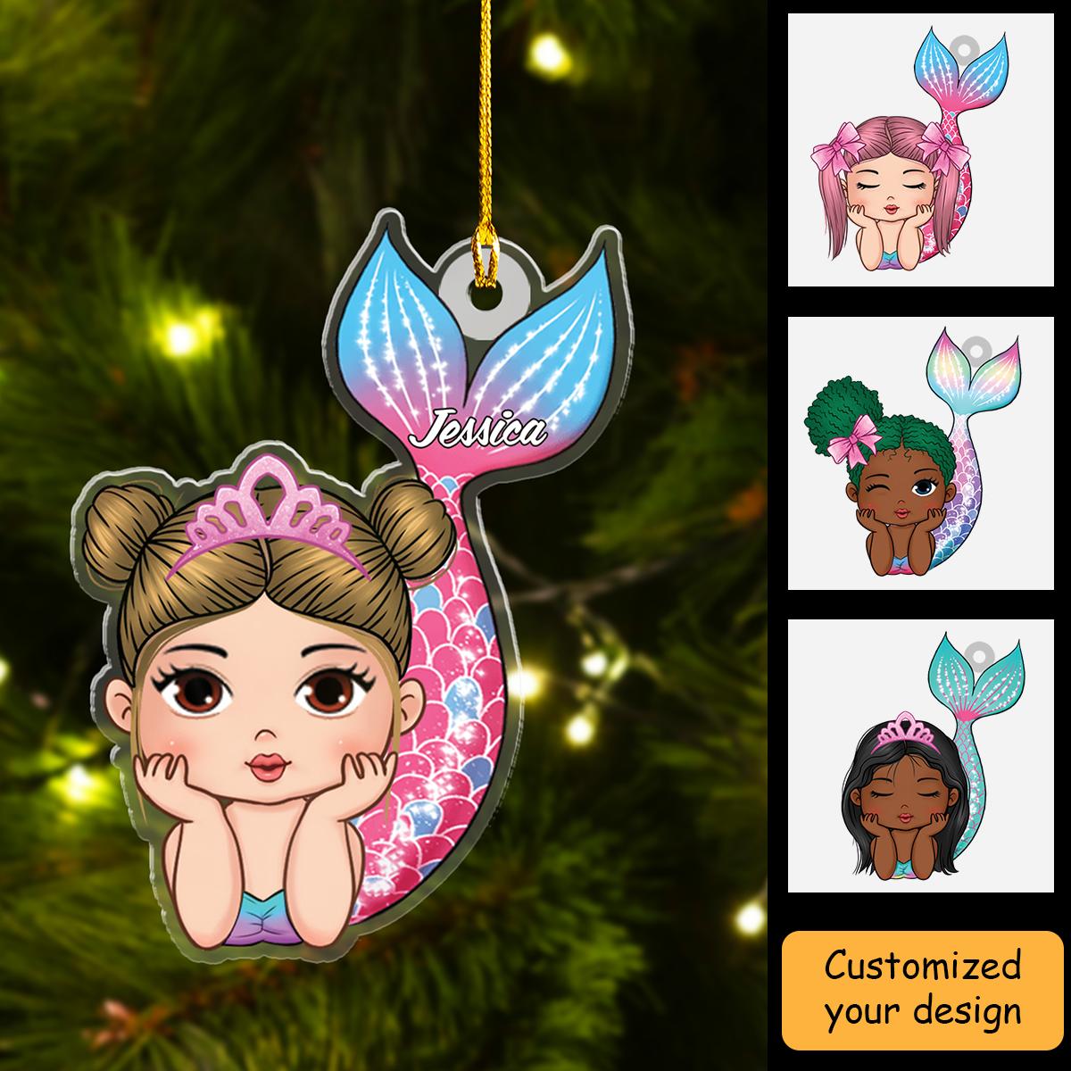 Personalized Lovely Girl Mermaid Acrylic Ornament, Gift For Daughter Granddaughter