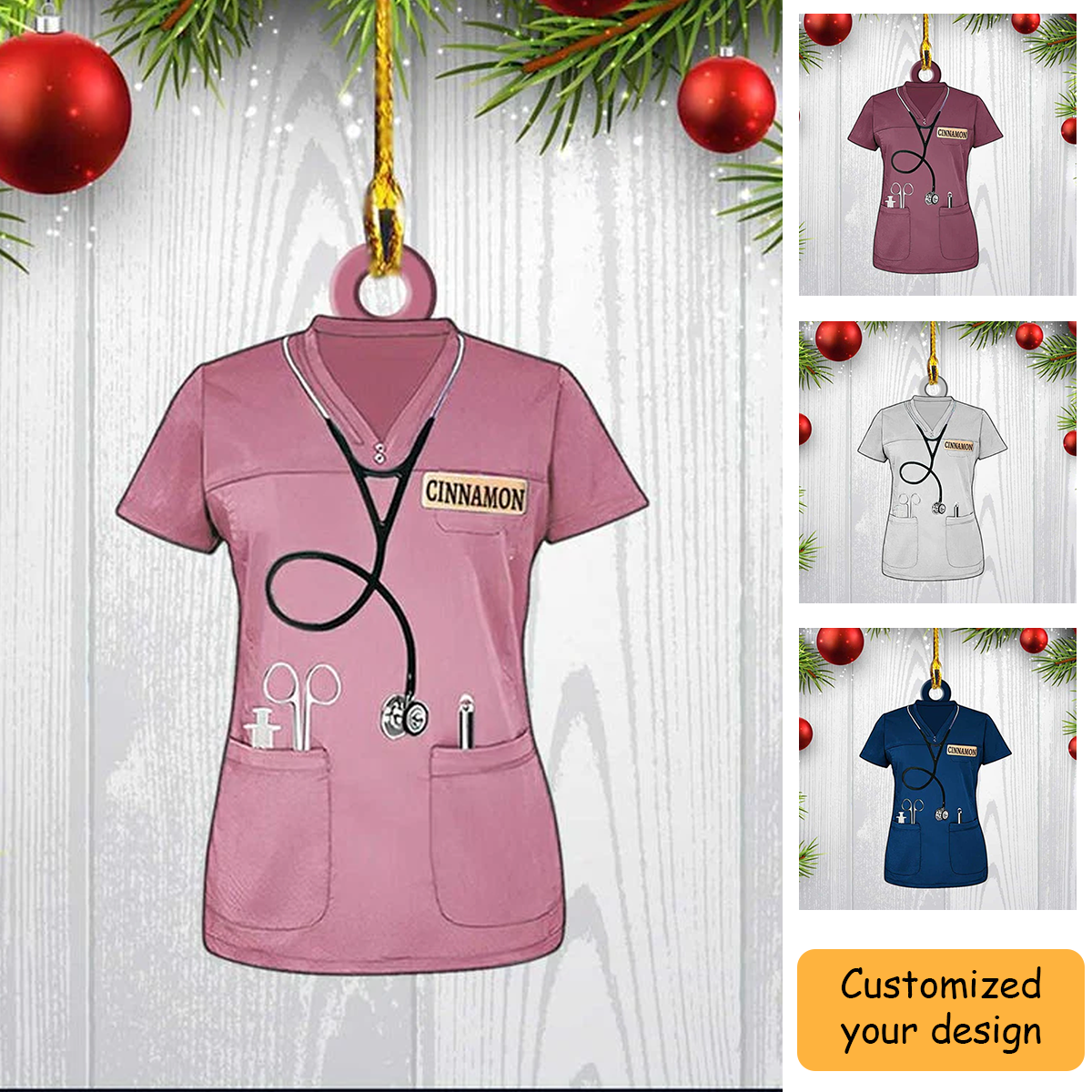 Personalized Nurse Scrubs Ornament, Custom Name Nurse Costume Christmas Ornament For Her