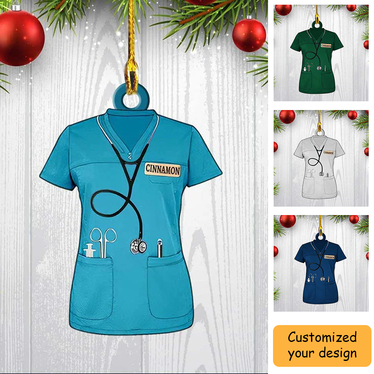 Personalized Nurse Scrubs Ornament, Custom Name Nurse Costume Christmas Ornament For Her