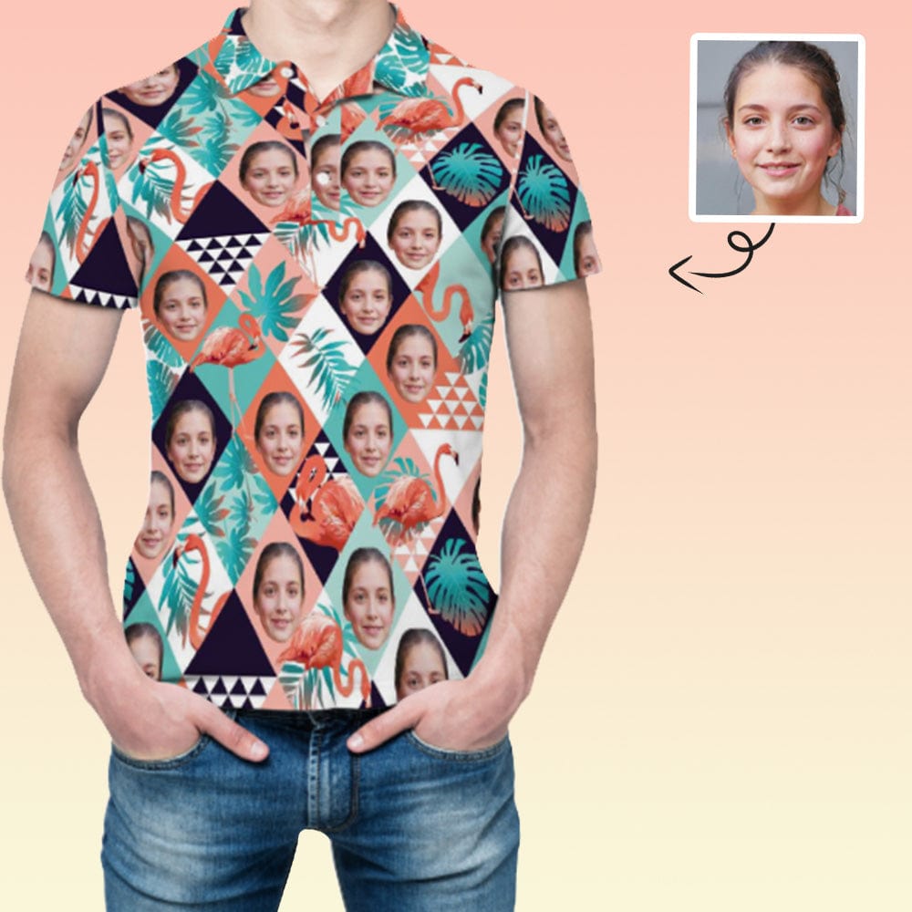 Custom Face Polo Shirt, Flamingo Grid Orange Custom Shirt, Personalized Men's Shirt For Dad, Grandfather, Father, Friends