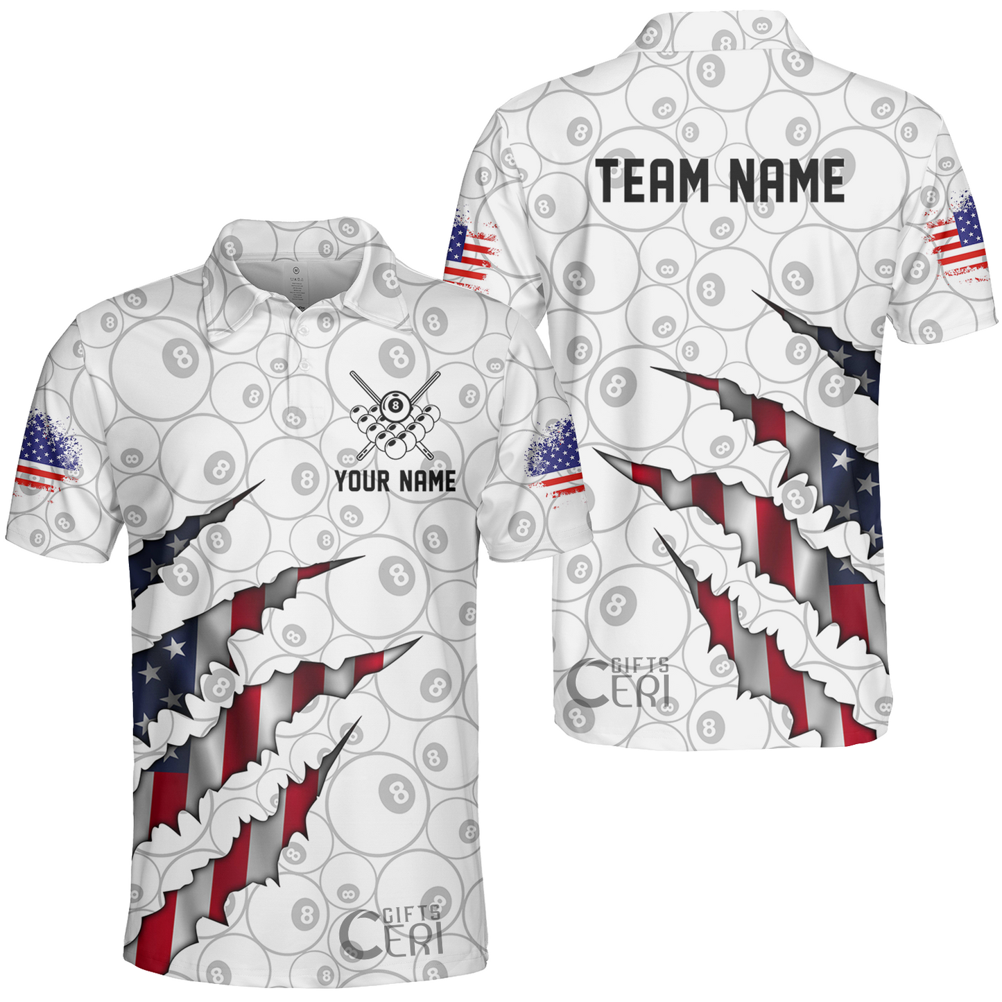 Customized Billiards Unisex Polo Shirt, Personalized American Flag Scratch 8 Ball Jersey Gift For Billiard Players