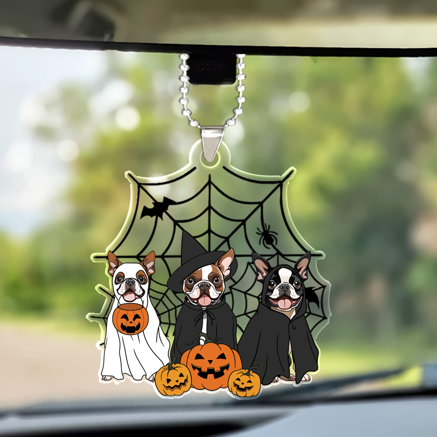 Spooky Ghost And Witch Boston Terrier Acrylic Halloween Ornament, Spooky Decoration For Bostie Mom, Dog Dad