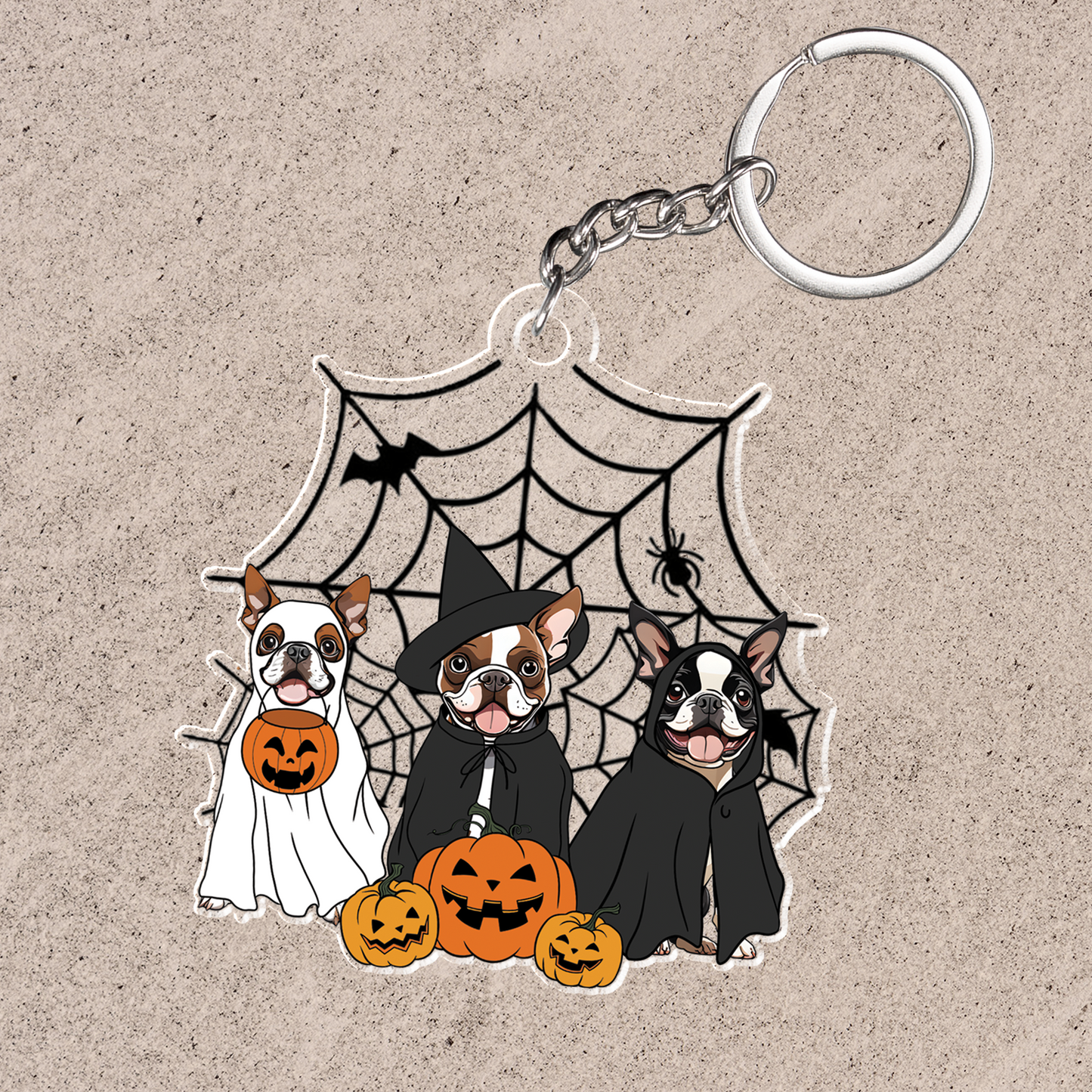 Spooky Ghost And Witch Boston Terrier Acrylic Halloween Car Ornament, Spooky Decoration For Bostie Mom, Dog Dad