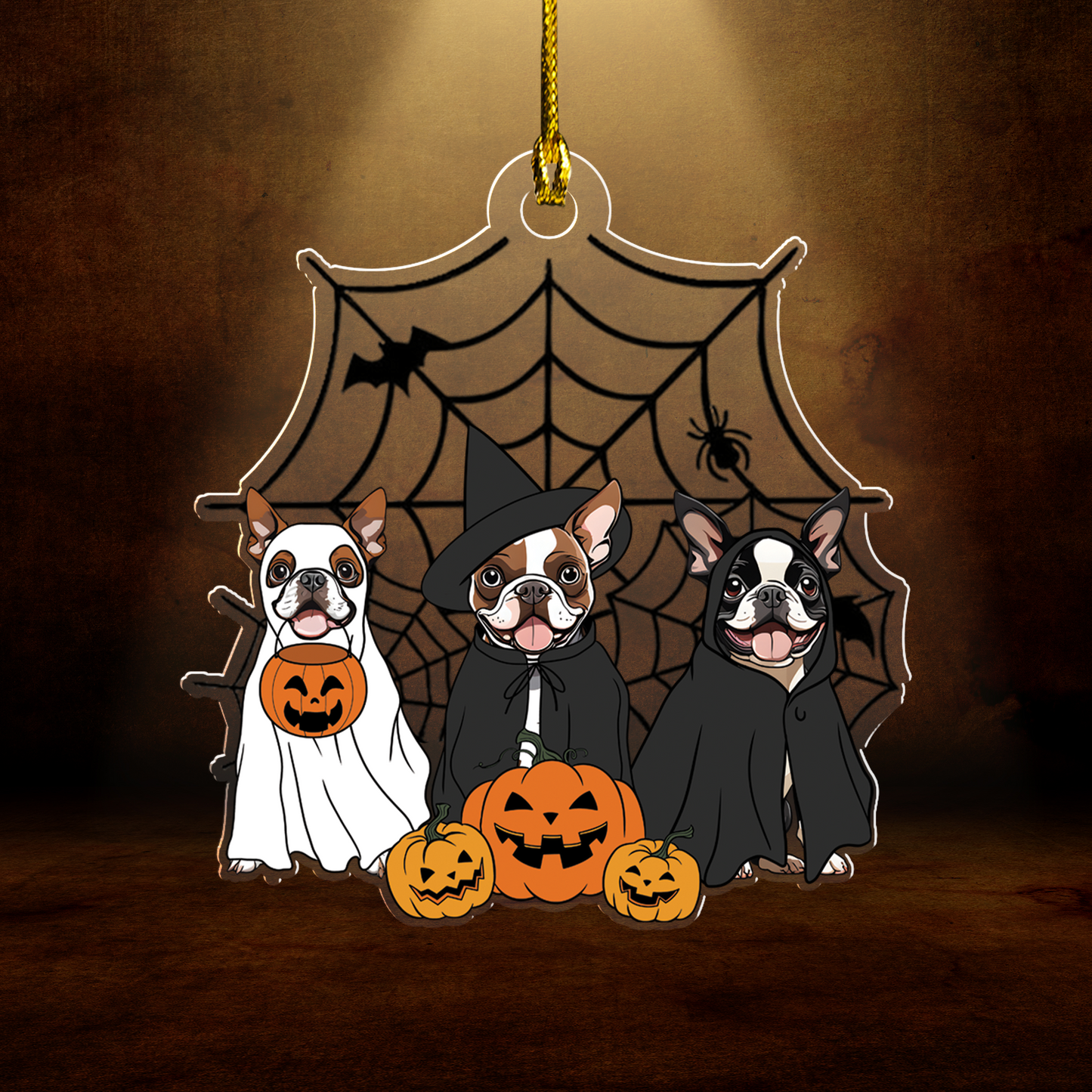 Spooky Ghost And Witch Boston Terrier Acrylic Halloween Car Ornament, Spooky Decoration For Bostie Mom, Dog Dad