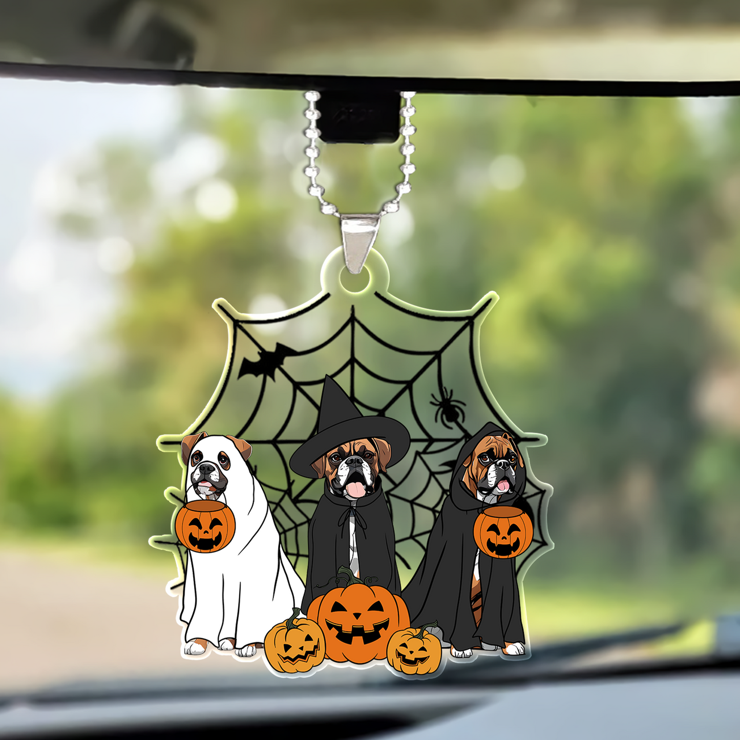 Spooky Ghost And Witch Boxer Dog Acrylic Halloween Keychain, Spooky Decoration For Boxer Mom, Dog Dad