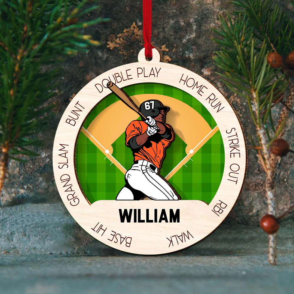 Personalized Baseball Man Player Pose Double Layered Wood Ornament, Custom Christmas Ornament Gifts For Baseball Player
