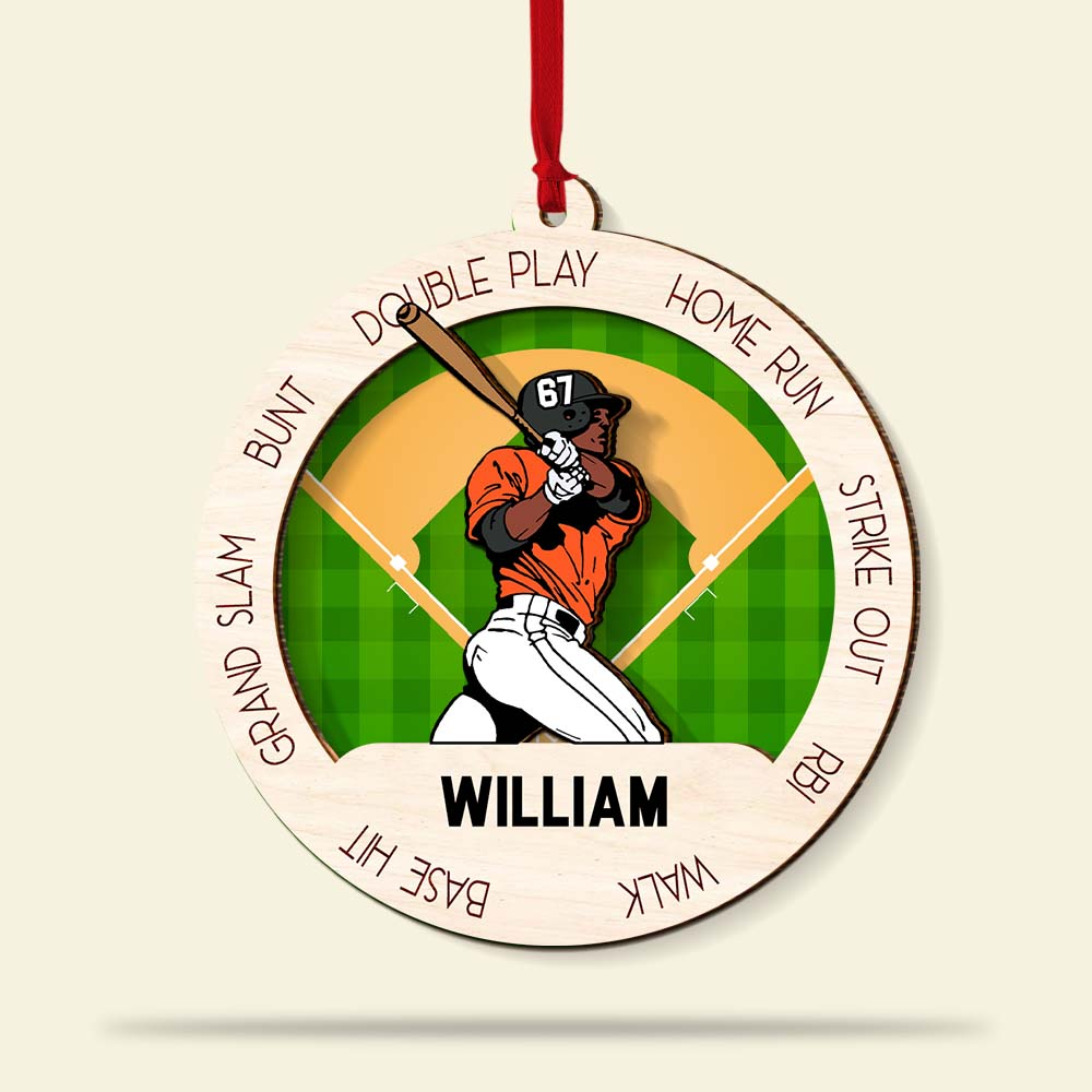 Personalized Baseball Man Player Pose Double Layered Wood Ornament, Custom Christmas Ornament Gifts For Baseball Player