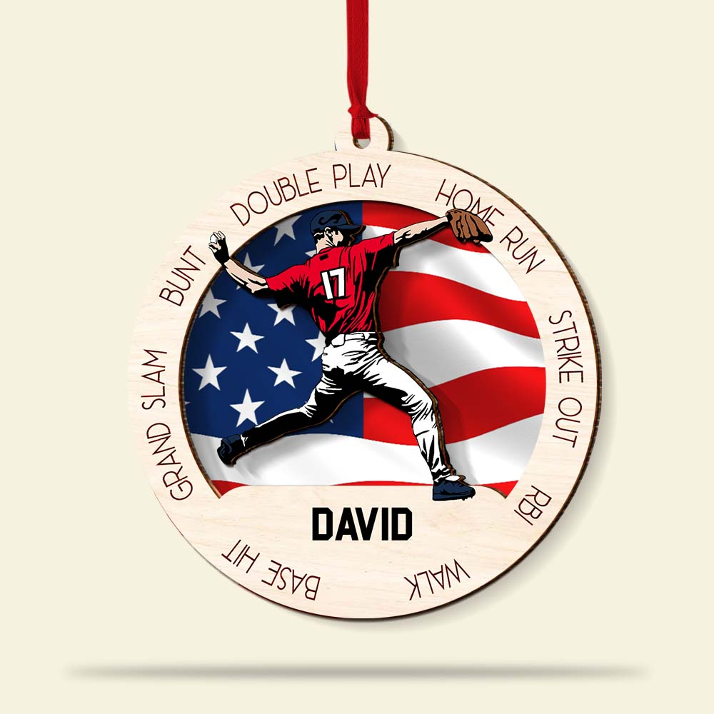 Personalized Baseball Man Player Pose Double Layered Wood Ornament, Custom Christmas Ornament Gifts For Baseball Player