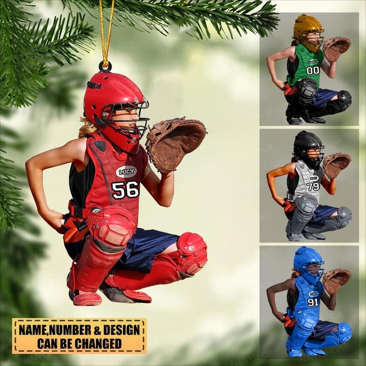 Personalized Baseball Girls Player Catcher Acrylic Ornament, Custom Christmas Ornament Gifts For Daughter, Granddaughter