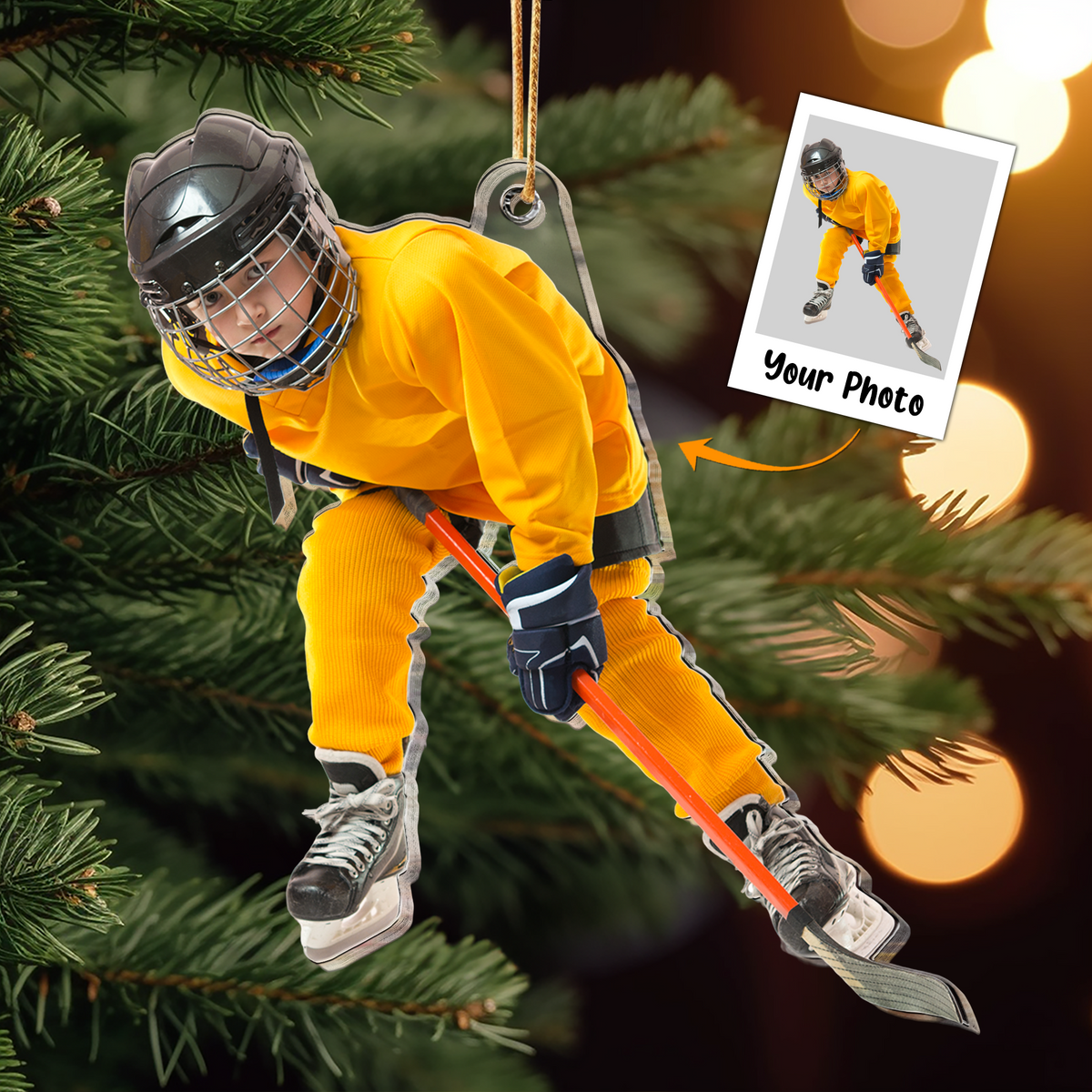 Custom Kid Ice Hockey Player Moment Photo Acrylic Ornament, Christmas Gift For Son, Daughter, Grandson, Granddaughter