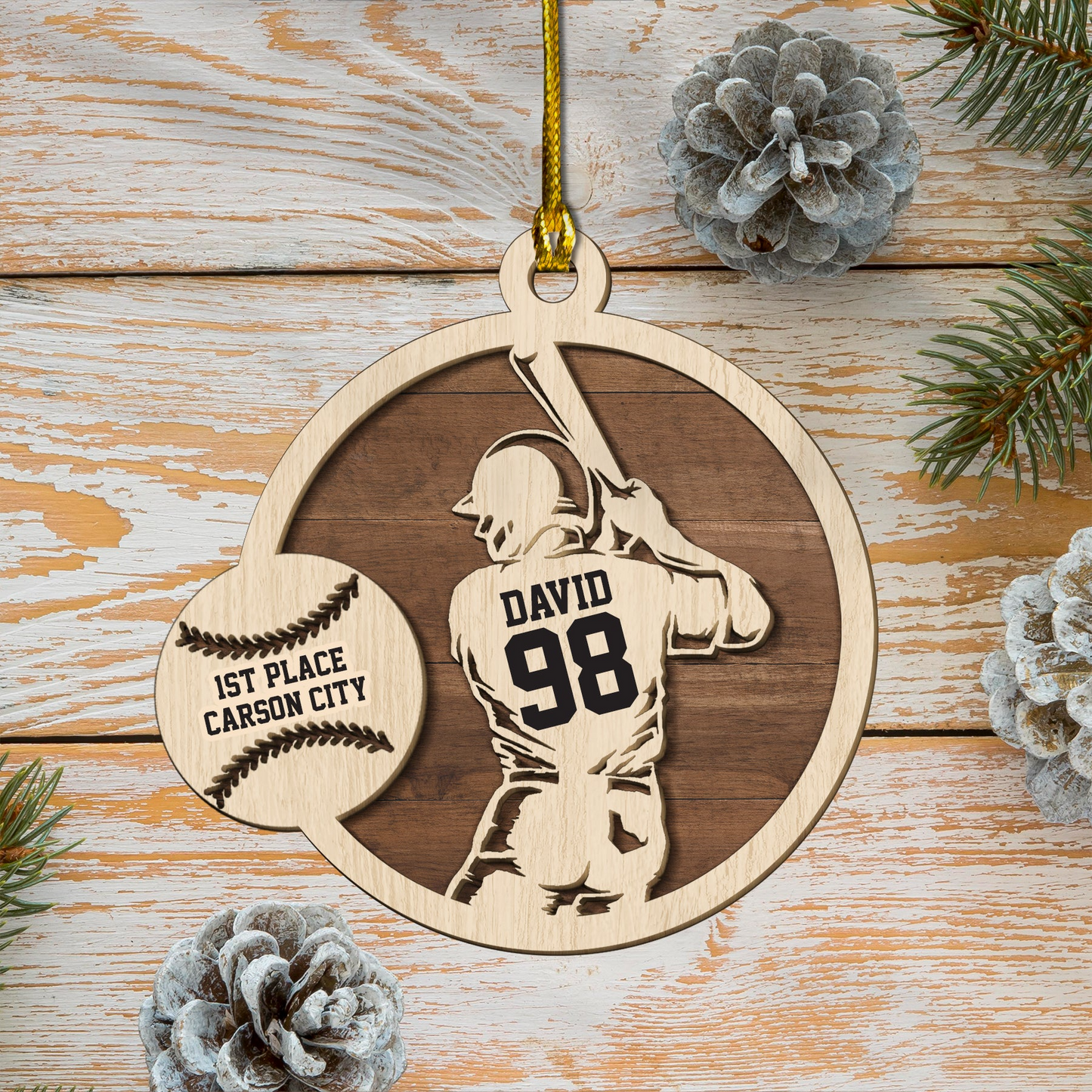 Personalized Baseball Player Double Layered Wood Ornament, Custom Christmas Ornament Gift For Son, Grandson