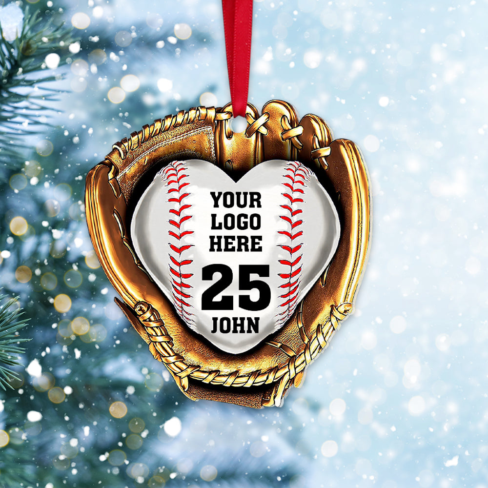 Personalized Baseball Gloves Golden Heart Custom Logo Acrylic Ornament, Custom Christmas Ornament Gift For Son, Daughter