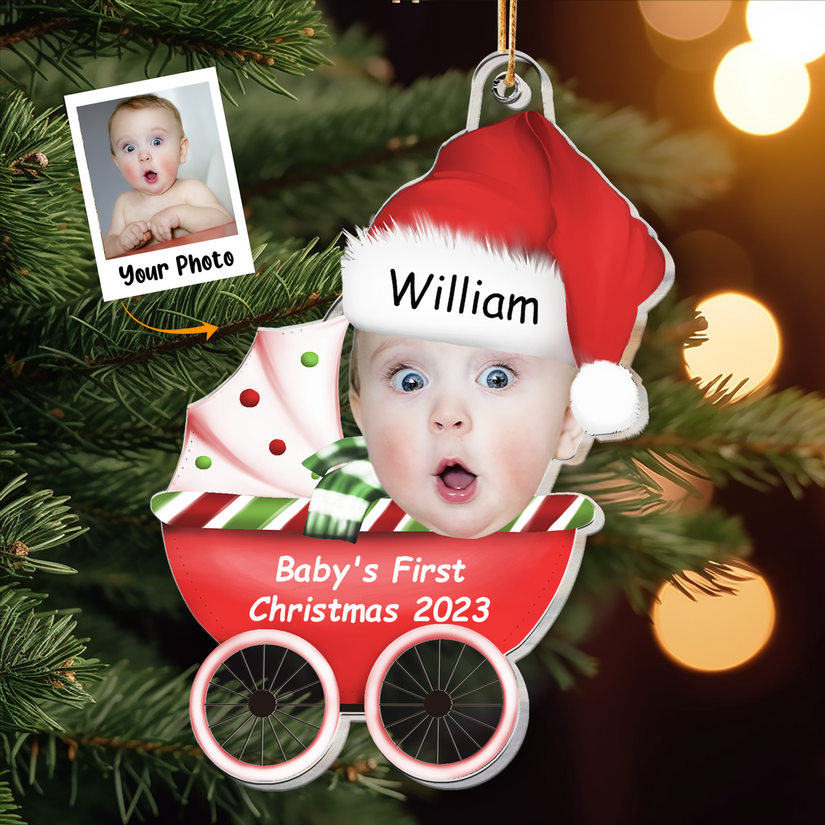 Personalized Baby First Christmas Photo On Baby Car Acrylic Ornament, 1st Baby Christmas Gift For New Mom & Dad