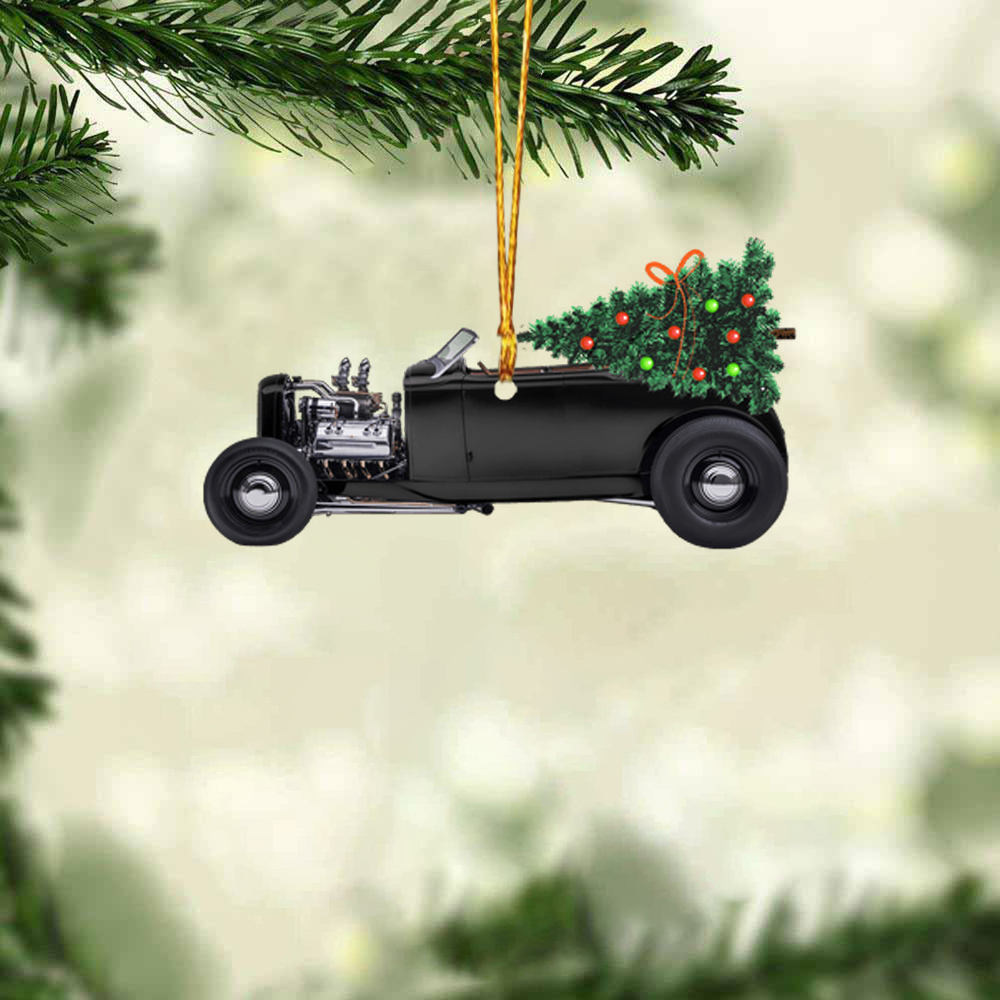 Personalized Hot Rod and Christmas Tree Acrylic Ornament, Custom Christmas Ornament Gifts For Classic Car Lovers