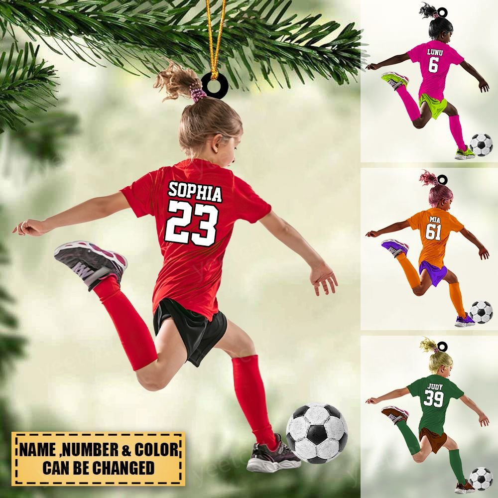 Personalized Little Girl Kid Soccer Players Acrylic Ornament, Custom Christmas Gift For Daughter, Granddaughter