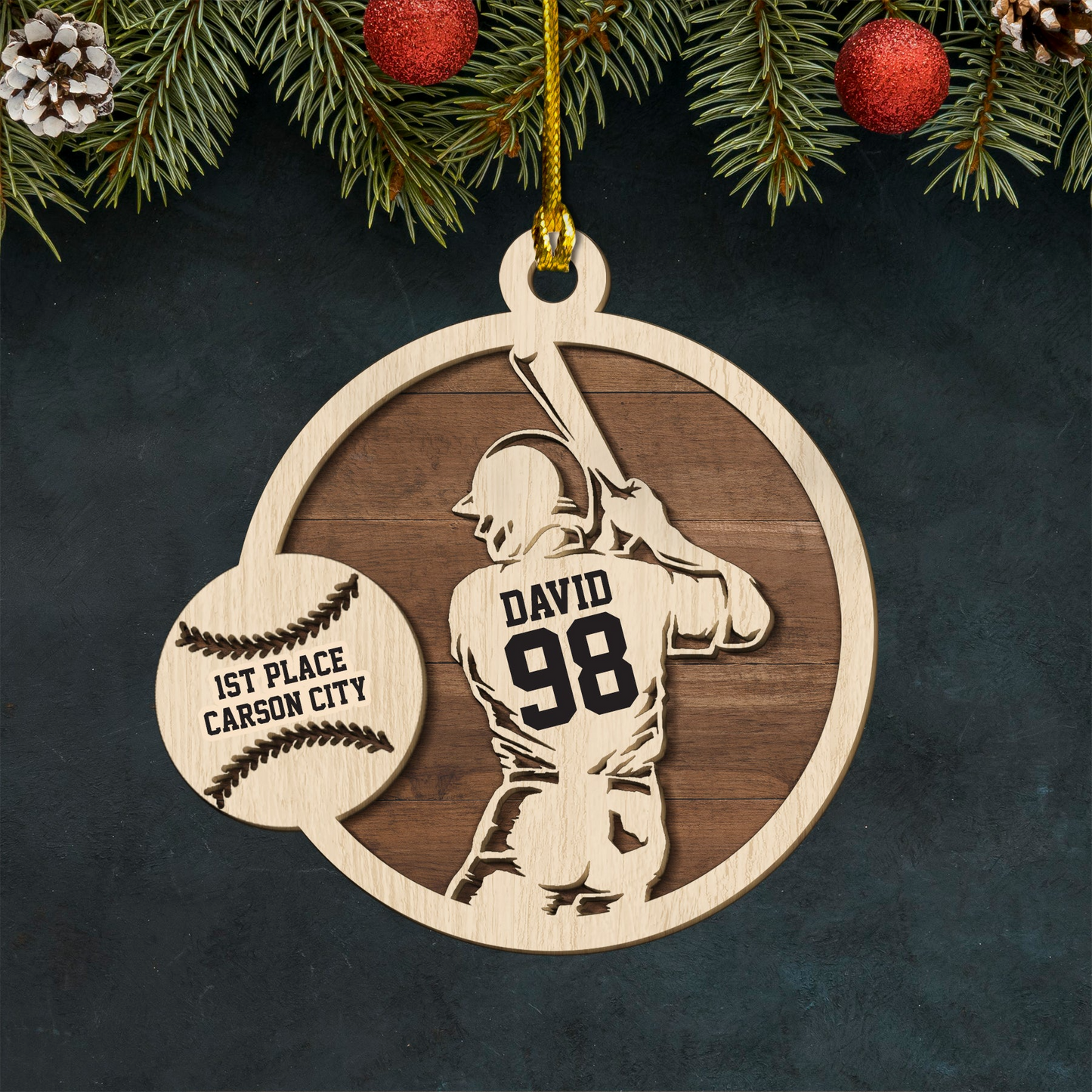 Personalized Baseball Player Double Layered Wood Ornament, Custom Christmas Ornament Gift For Son, Grandson