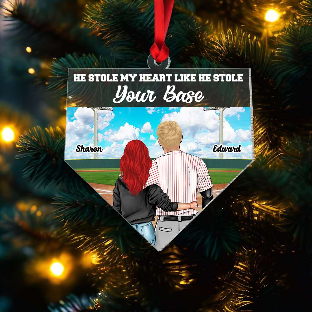 Personalized Baseball Couple Acrylic Ornament He Stole My Heart, Custom Christmas Ornament Gifts For Couple