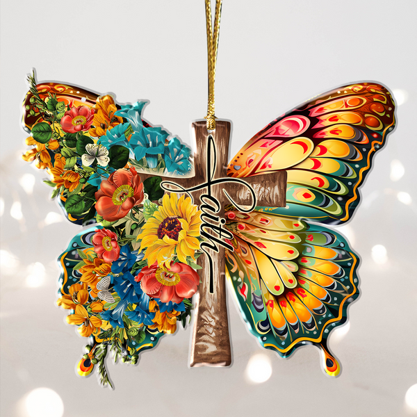 Flowers Butterfly Faith Cross Christian Acrylic Ornament, Perfect Christmas Gift For Family, Friend